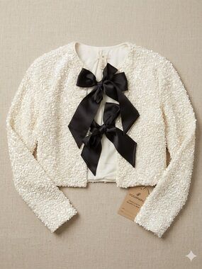 H&M Ivory Sequin Cropped Cardigan with Black Bow